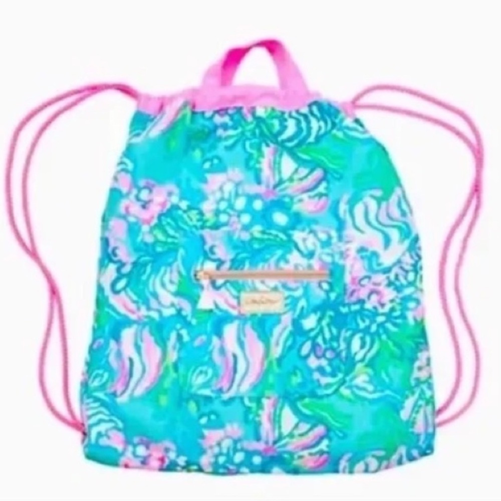 NWT Lilly Pulitzer Aqua La Vista Drawstring Backpack Pink Blue Shell Bag
